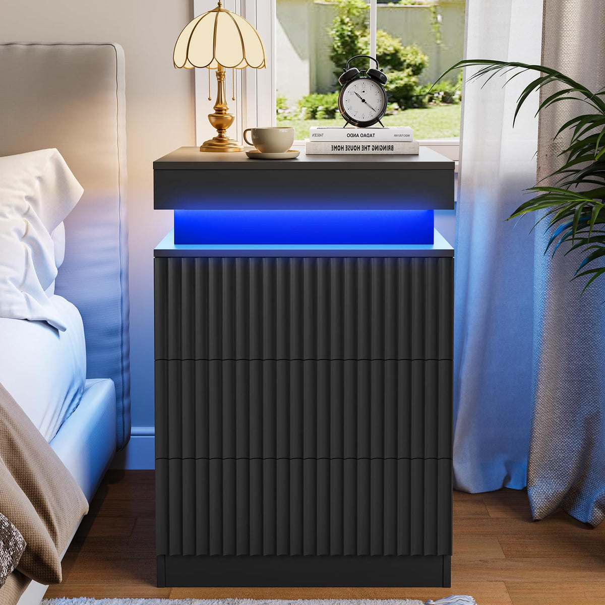 yesasin Nightstand with Charging Station & LED Lights