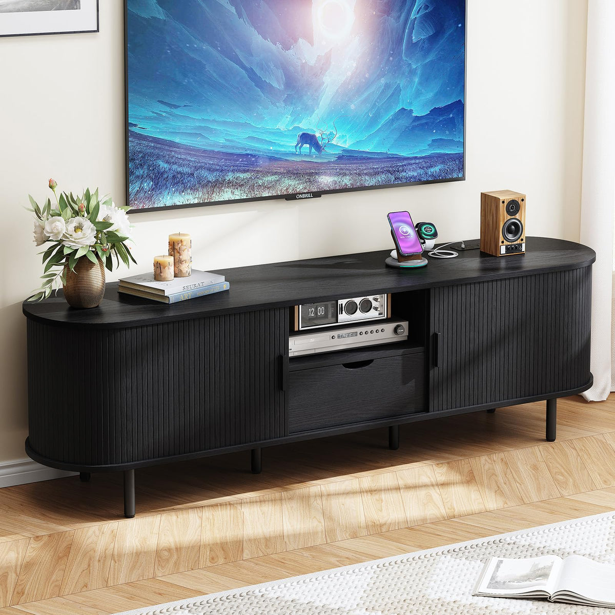 TV Stand with Storage, Sliding Door & Power Outlet