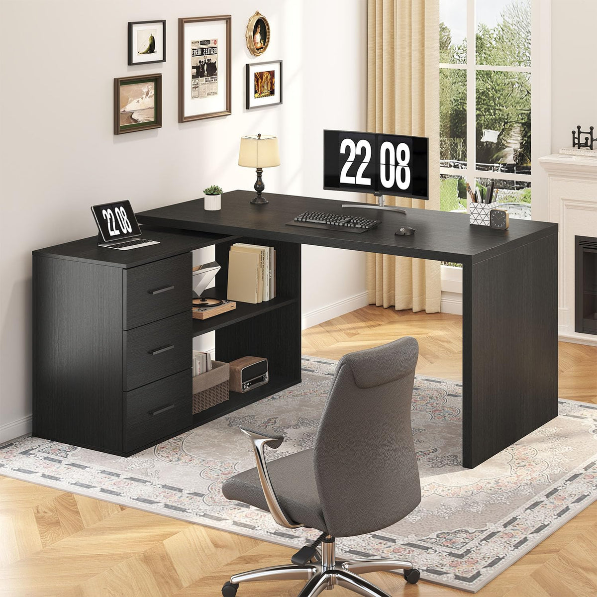 Rotating L-Shaped Desk with Drawers & Storage
